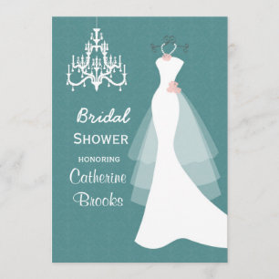 Wedding gown, Chandelier on teal Bridal shower Invitation