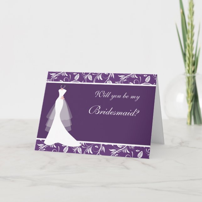 Wedding gown, damask on purple  Bridesmaid Invitation (Front)