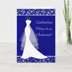 Wedding gown, damask on royal blue Bridesmaid Invitation