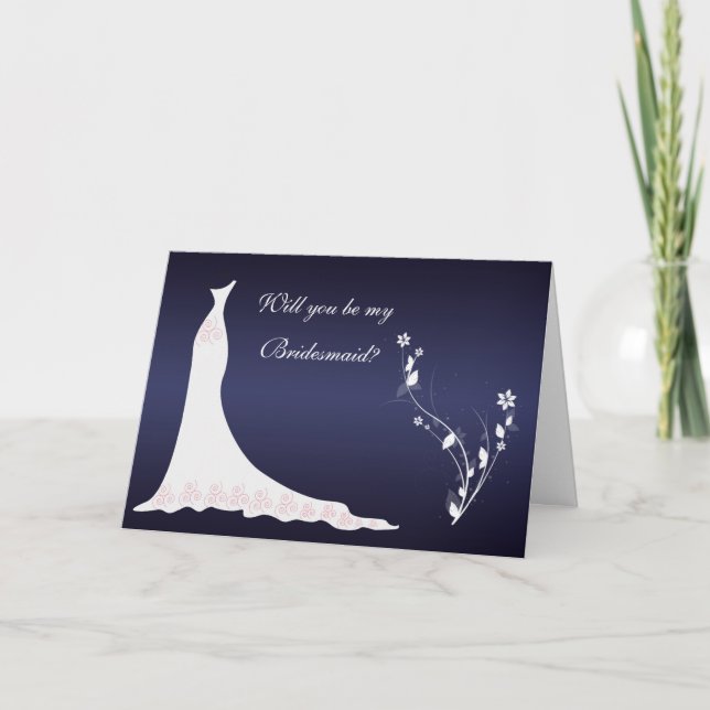Wedding gown, flowers on dark blue Bridesmaid Invitation (Front)