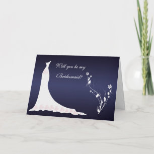Wedding gown, flowers on dark blue Bridesmaid Invitation