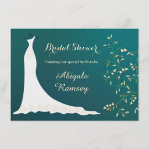 Wedding gown, flowers on teal Bridal Shower Invitation