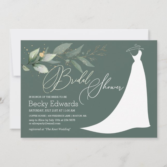Wedding gown, greenery foliage Bridal Shower Invit Invitation (Front)