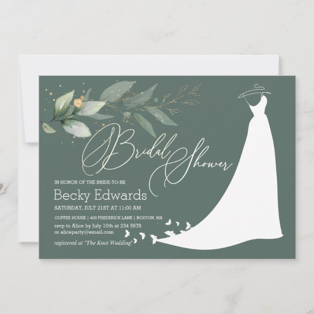 Wedding gown, greenery foliage Bridal Shower Invitation (Front)