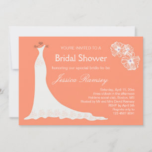 Wedding gown on coral colour Bridal Shower Invitation