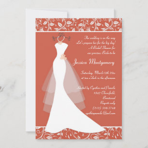 Wedding gown on dark coral Bridal Shower Invite