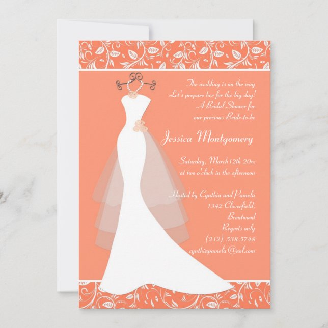 Wedding gown on light coral Bridal Shower Invite (Front)