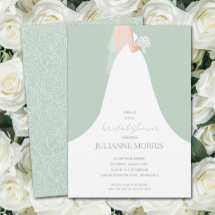 Wedding Gown on Pale Green Bridal Shower Invitation