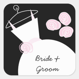 Wedding Gown Pink 'Bride and Groom' square black Sticker