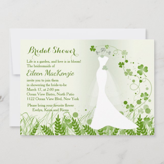 Wedding gown, shamrock in a meadow, Bridal Shower Invitation (Front)