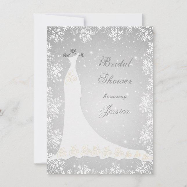 Wedding gown, snowflakes on grey Bridal Shower Invitation (Front)