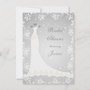 Wedding gown, snowflakes on grey Bridal Shower Invitation