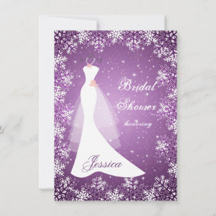 Wedding gown, snowflakes on purple Bridal Shower Invitation