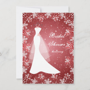 Wedding gown, snowflakes on red Bridal Shower Invitation