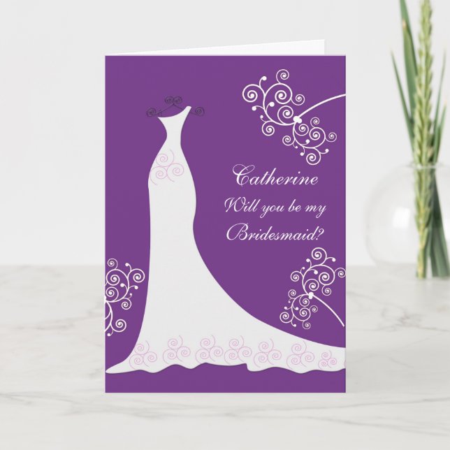 Wedding gown, swirls on purple Bridesmaid Invitation (Front)
