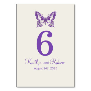 Wedding graphic butterflies name date purple table number