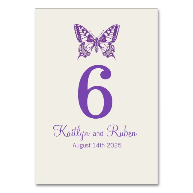 Wedding graphic butterflies name date purple table number (Front)
