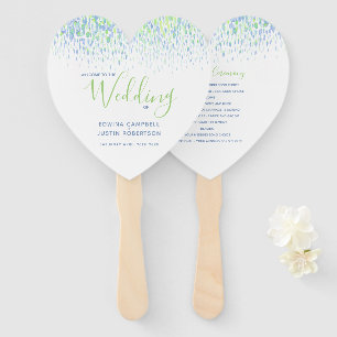 Wedding green blue dabs modern watercolor program hand fan