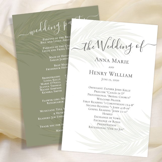 Wedding Green Botanical Program Palm Leaves (Elegant Wedding Program template with tropical green palm leaves. )