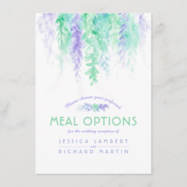 Wedding green flower cascade meal options card (Front)