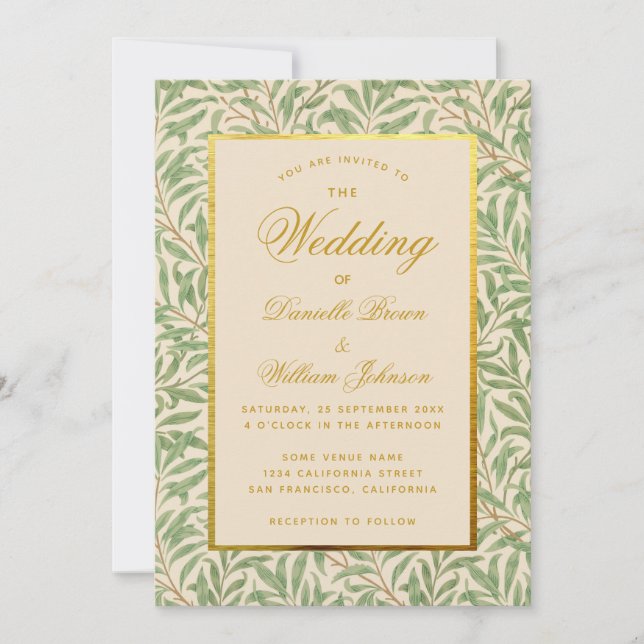 Wedding Green Leaves Faux Gold Morris Willow Invitation (Front)