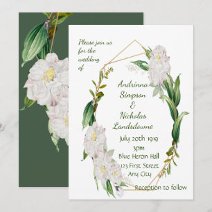 Wedding Green Leaves White Roses Gold Frame Invitation