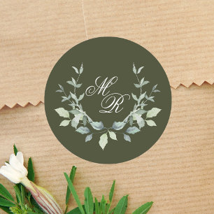 Wedding Green Monogram Classic Custom Round Sticker