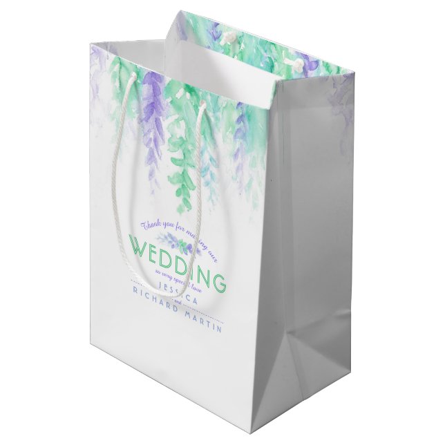 Wedding green purple flowers thank you gift bag (Front Angled)