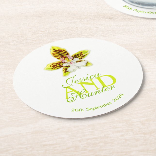 Wedding green watercolor orchid custom coasters (Angled)