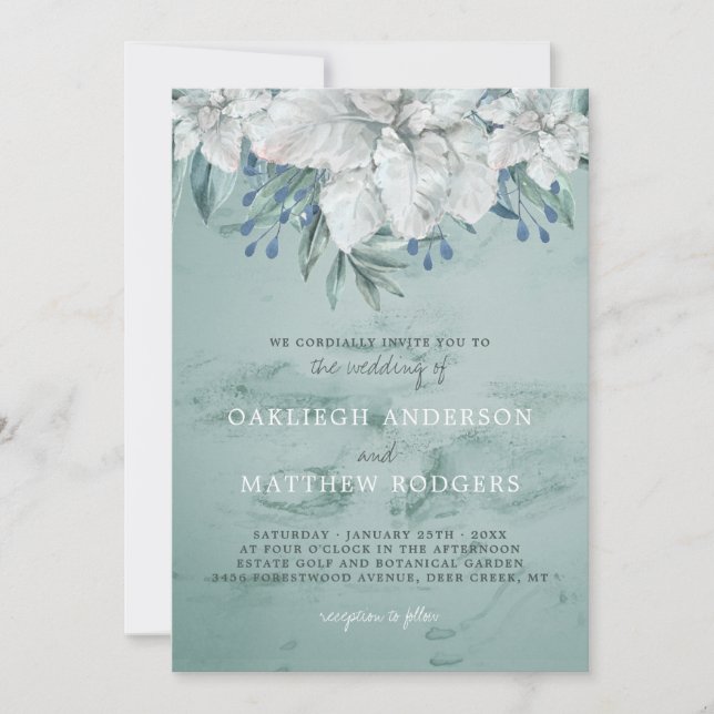 Wedding Green Watercolor White Floral Accents Invitation (Front)