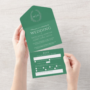 Wedding green white silver oval leaves monogram all in one invitation