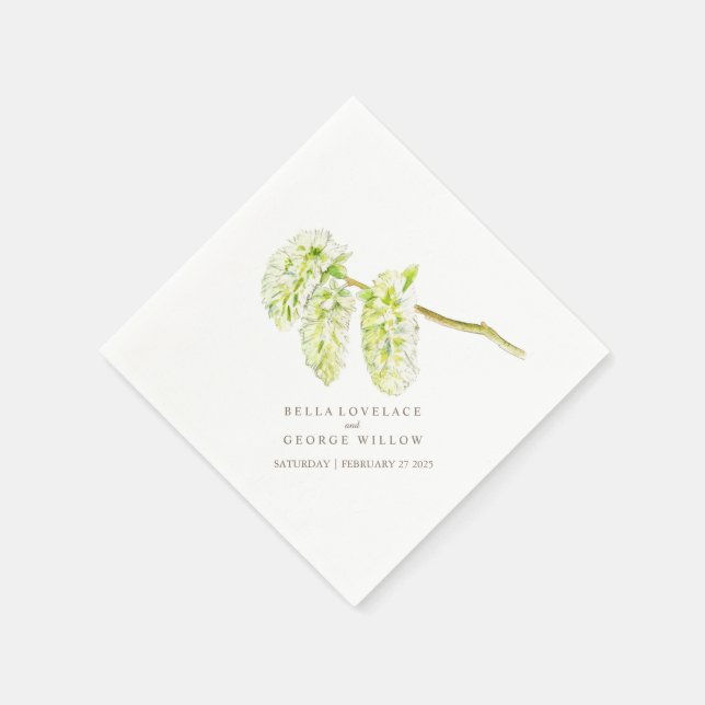 Wedding green willow catkins paper napkins (Corner)