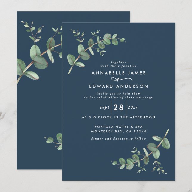 Wedding greenery Eucalyptus botanical modern blue Invitation (Front/Back)