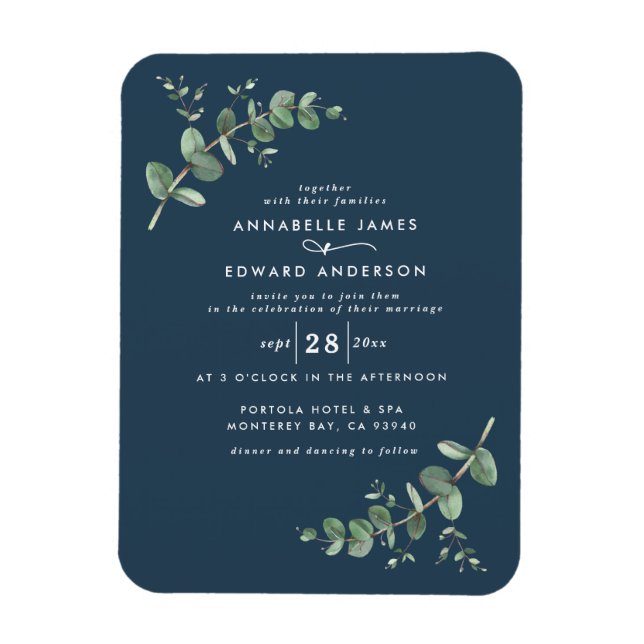 Wedding greenery Eucalyptus botanical navy blue Magnet (Vertical)