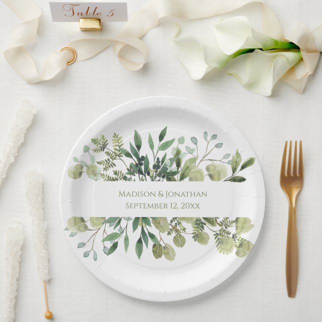 Wedding Greenery Eucalyptus Watercolor Names Date Paper Plate (Wedding)
