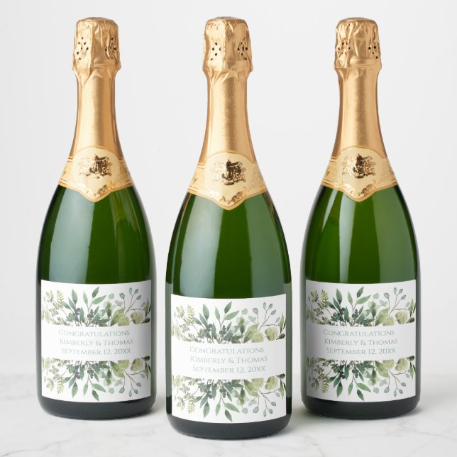 Wedding Greenery Eucalyptus Watercolor Names Date  Sparkling Wine Label (Bottles)