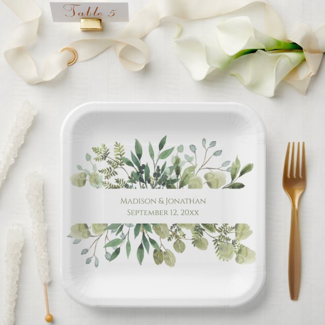 Wedding Greenery Eucalyptus Watercolor Personalise Paper Plate (Wedding)