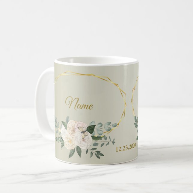 Wedding Greenery Leaves Pink Floral Gold Geometric Coffee Mug (Front Left)