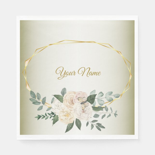 Wedding Greenery Leaves Pink Floral Gold Geometric Napkin