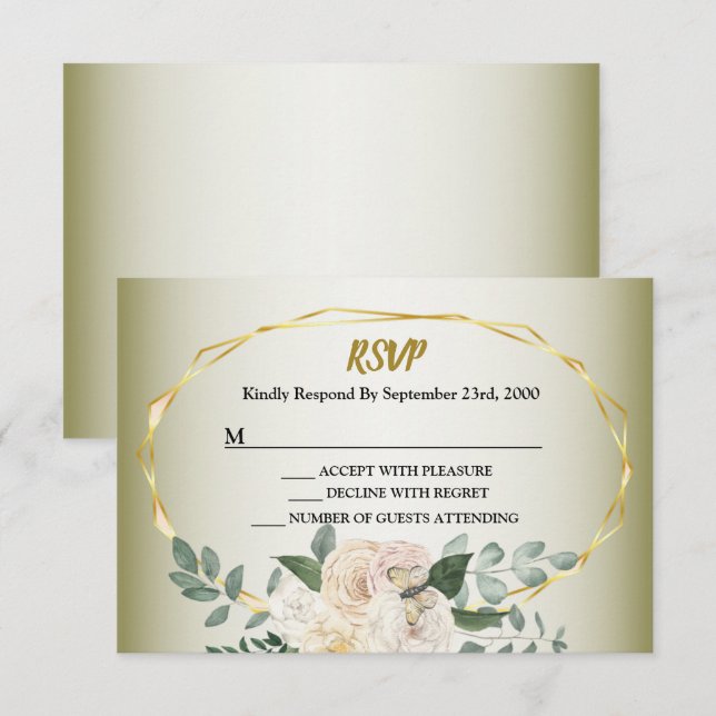 Wedding Greenery Leaves Pink Floral Gold Geometric RSVP Card (Front/Back)