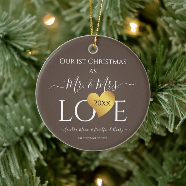 Wedding Grey Gold Heart christmas Name Mr  Mrs  Ceramic Tree Decoration (Tree)