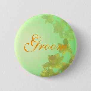 wedding groom button, yellow tulip flowers 6 cm round badge