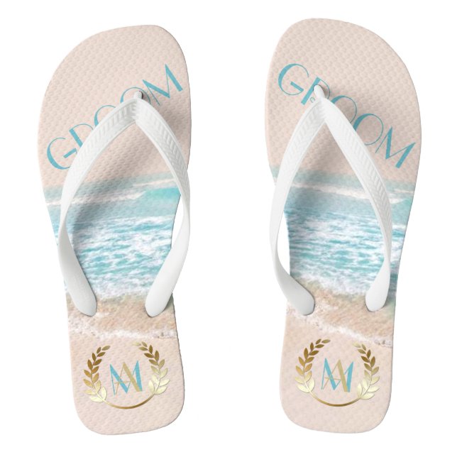 Wedding Groom FlipFlops | Modern Monogram Beach (Footbed)