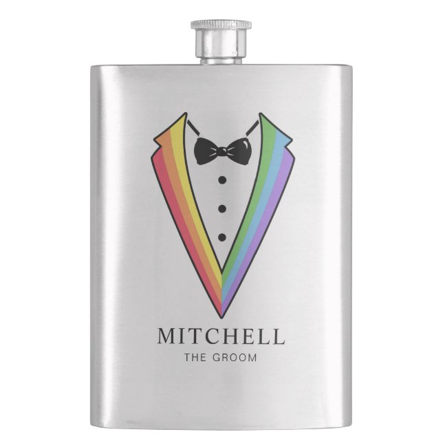 Wedding Groom Groomsman Gay Rainbow Tuxedo Hip Flask (Front)