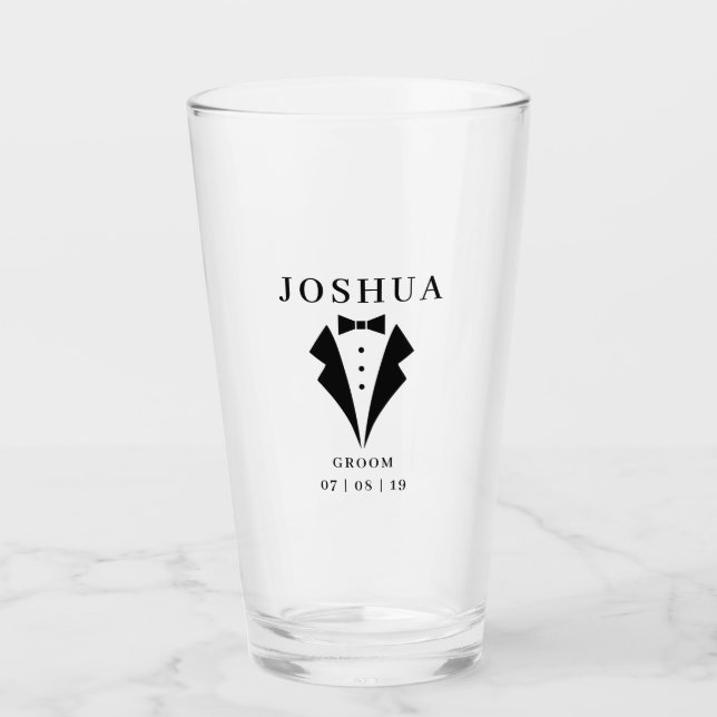Wedding GROOM Personalised Name & Date Tuxedo Pint Glass (Front)