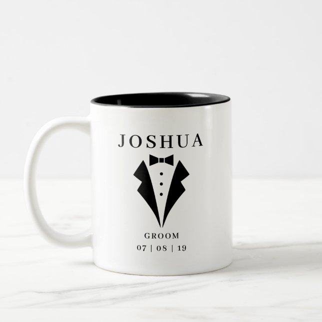 Wedding GROOM Personalised Name & Date Tuxedo Two-Tone Coffee Mug (Left)