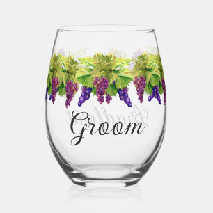 Wedding Groom's Name Mr. Watercolor Grapes Stemless Wine Glass