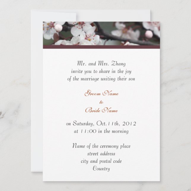 wedding, Groom's parents invitation plum flowers (Front)