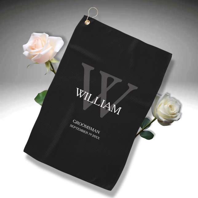 Wedding Groomsman Gift Elegant Monogram Cool Black Golf Towel (He will love it!)