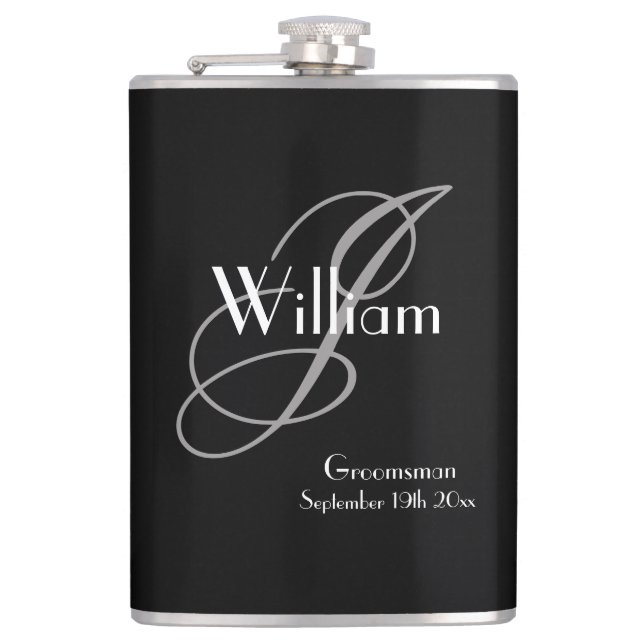 Wedding Groomsman Gift Elegant Monogram Cool Black Hip Flask (Front)